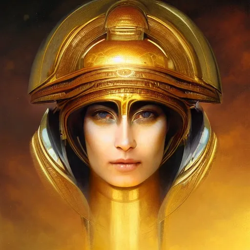 Prompt: breathtaking soft painting of horus with a third eye in her forehead with an intricate retrofuturistic helmet in a golden sky, realistic symmetrical face features, rembrandt style, elegant, highly detailed, artstation, concept art, matte, sharp focus, art by tom bagshaw, and greg rutkowski