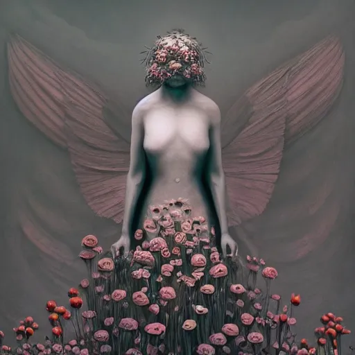 Prompt: A Black background portrait of An angel in a dress made of flowers by Zdzisław Beksiński and Simon Stålenhag,In style of digital illustration art,Rembrandt lighting,Ray tracing,hyper detailed,sharp focus,Soft light.4k