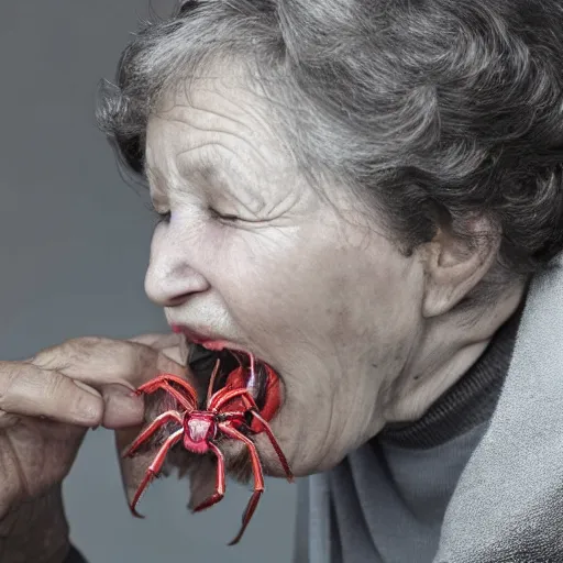 Prompt: an old woman happily swallowing a spider,