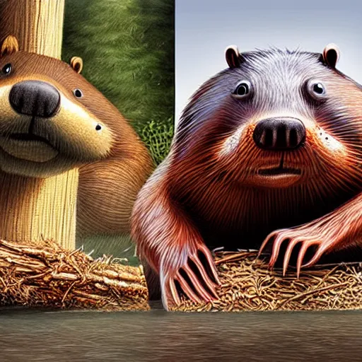 Image similar to photography hyperrealism concept art of anthropomorphic beavers builders that building city with sticks