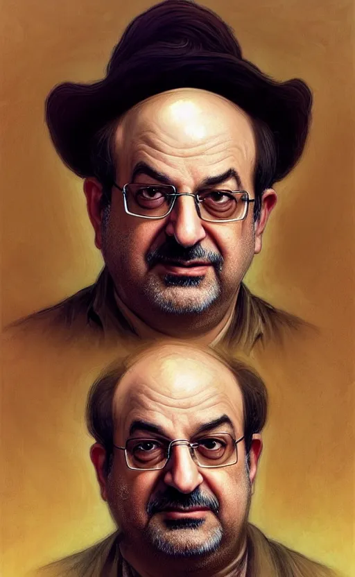 Prompt: portrait of salman rushdie with a cat, deep focus, d & d, fantasy, intricate, elegant, highly detailed, digital painting, artstation, concept art, matte, sharp focus, illustration, art by artgerm and greg rutkowski and alphonse mucha