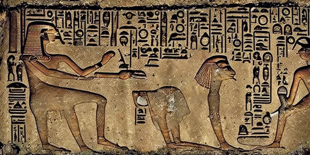 Prompt: an ancient egyptian hieroglyph portrayal of cat memes, real archeological discovery,