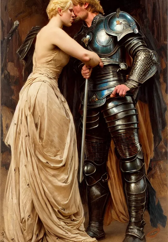 Image similar to attractive fully clothed jaime lannister confesses his love for attractive fully clothed armored brienne of tarth. highly detailed painting by gaston bussiere and j. c. leyendecker 8 k