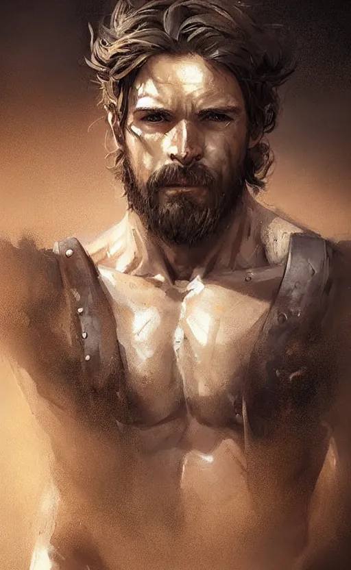 Image similar to Portrait of a rugged ranger sitting down, male, muscular, straight nose!!!, detailed face, handsome face, bare thighs!!!, simple clothing!!!!!, fantasy, medieval, highly detailed, cinematic lighting, digital art painting by greg rutkowski