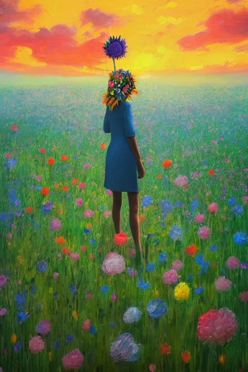 Image similar to closeup, giant flower head, girl in suit standing in a field of flowers, surreal photography, sunrise, blue sky, dramatic light, impressionist painting, digital painting, artstation, simon stalenhag