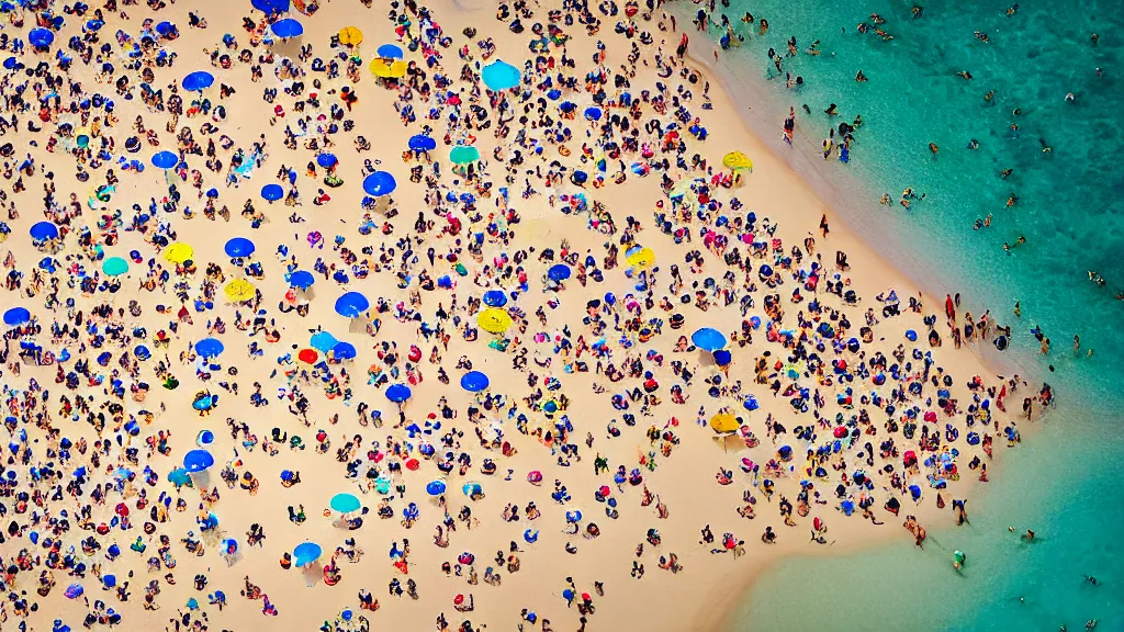 Image similar to photograph beachscapes satellite view imagery, Aerial view of beautiful sandy beach with hundreds of umbrellas and sea, Aerial of a crowded sandy beach with colourful 1970s umbrellas sun bathers and swimmers during summer, golden sand and clear blue sea, by Tommy Clarke and Joshua Jensen-Nagle