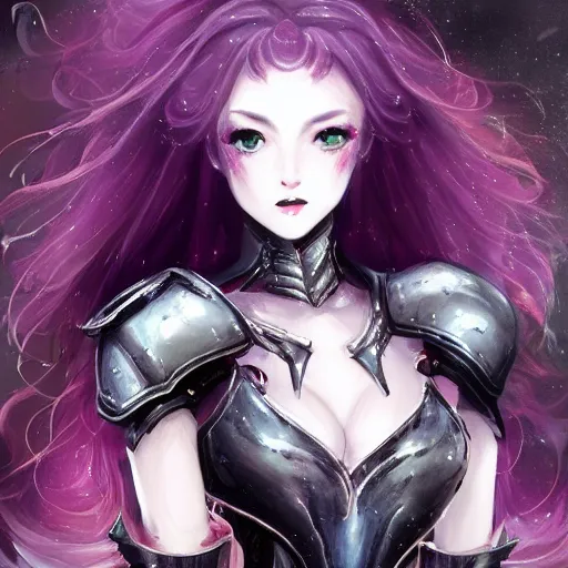 Prompt: portrait evilly white hair knights of Zodiac girl, metalic deep purple and black reflected armor, in ruined Agora of Athens thunder sparkling flash night, ssci-fi, fantasy, intricate, very very beautiful, elegant, highly detailed, digital painting, artstation, concept art, smooth, sharp focus, illustration, art by tian zi and WLOP and alphonse mucha