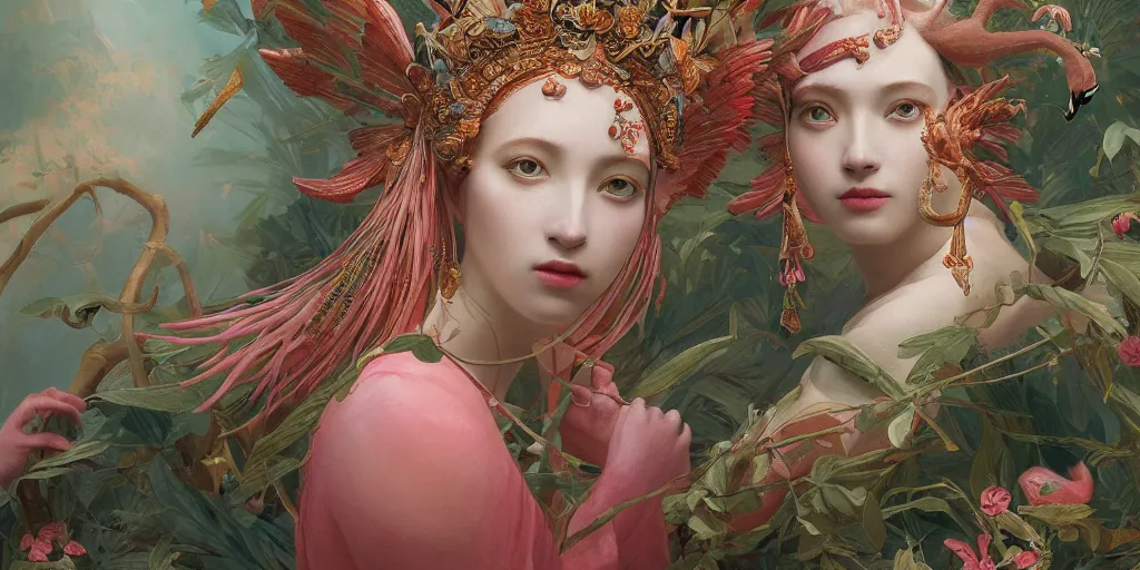 Image similar to breathtaking detailed concept art painting of the goddess of flamingo, orthodox saint, with anxious, piercing eyes, ornate background, amalgamation of leaves and flowers, by Hsiao-Ron Cheng and John James Audubon, extremely moody lighting, 8K