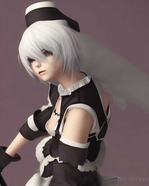 Image similar to 2B from NieR: Automata wearing a maid outfit, mechanical detail, cad, solidworks render