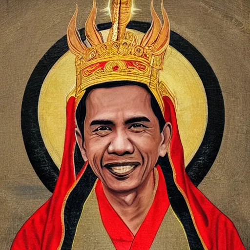 Image similar to Jokowi indonesian president as saint,with ortodhox syrian painting styles,with realistic details and authentic historical art