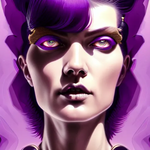 Image similar to woman with extremely large and intricate haircut with angry purple eyes and slim features looking askance, eye cyberpunk bionics, retro futurist style, intricate, elegant gleaming intricate baroque jewelry, angelic halo, highly detailed, digital painting, artstation, concept art, smooth, sharp focus, illustration, art by wlop, mars ravelo and greg rutkowski,