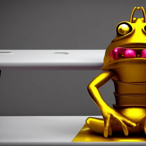 Image similar to octane render of a pink anthropomorphic frog wearing a golden set of armor sitting in a desk at an office,