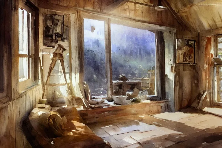 Prompt: paint brush strokes, abstract watercolor painting of rustic village house, interior closeup, medieval straw roof, scandinavian viking age, ambient lantern lighting, art by hans dahl, by jesper ejsing, art by anders zorn, wonderful masterpiece by greg rutkowski, cinematic light, american romanticism by greg manchess, creation by tyler edlin