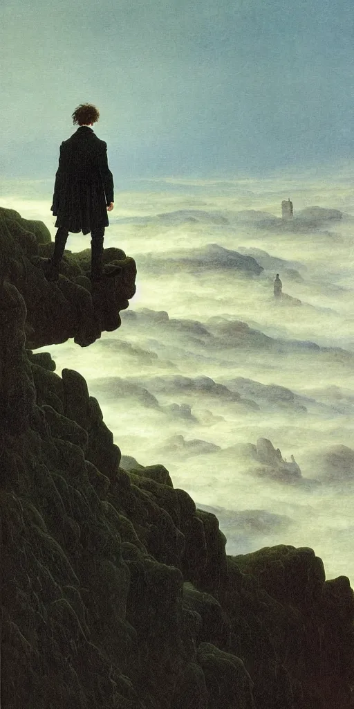 Prompt: wanderer above the sea of fog by caspar david friedrich, shoulders long black hair, teenager, highly detailed, one! full body single portrait