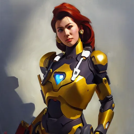 Image similar to greg manchess portrait painting of a female ironman as overwatch character, medium shot, asymmetrical, profile picture, organic painting, sunny day, matte painting, bold shapes, hard edges, street art, trending on artstation, by huang guangjian, gil elvgren, ruan jia, greg rutkowski, gaston bussiere