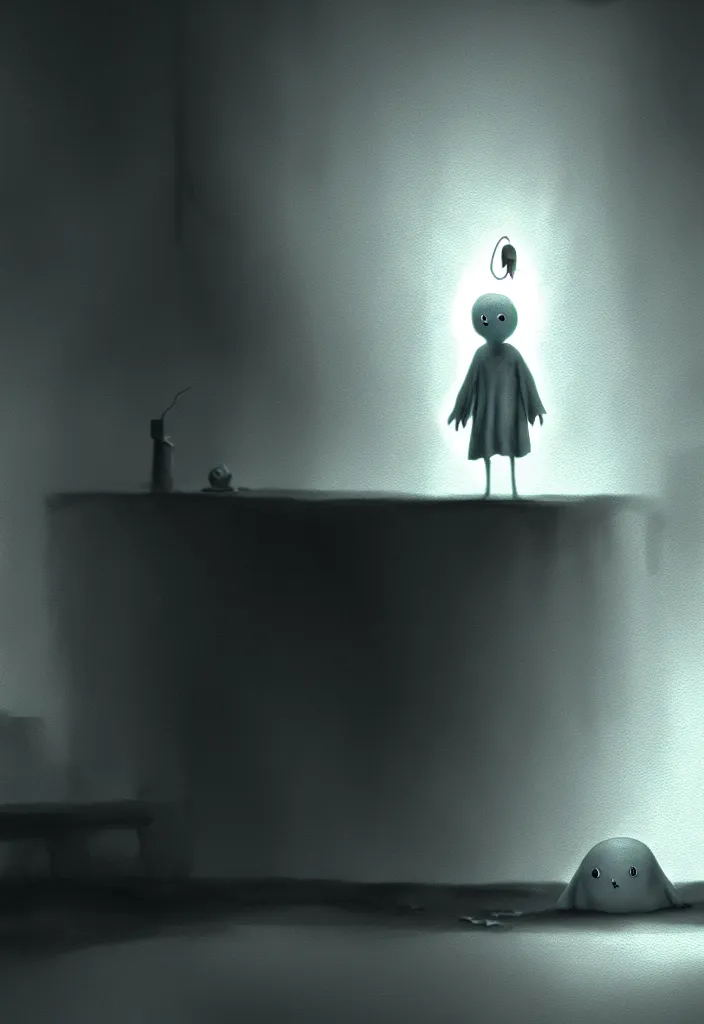 Prompt: depiction of the feeling of hopelessness, worthlessness, loneliness, of a friendly ( cute cartoon ) ghost. ambient occlusion, ray tracing render, 3 5 mm, italian horror film concept art, extremely atmospheric painting.