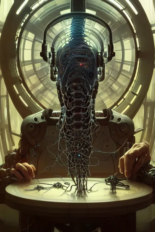 Prompt: ultra realistic, a cybernetic human nervous system is spread over a lab table, sci - fi, intricate details, eerie, highly detailed, octane render, 8 k, art by artgerm and alphonse mucha and greg rutkowski