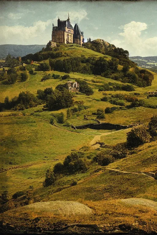 Image similar to photochrom, a hilly landscape with castle and path