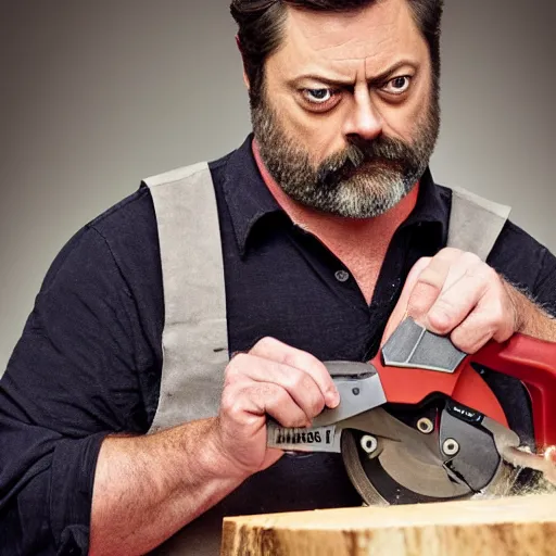 Prompt: nick offerman using a bacon saw to cut through oak, photography, highly detailed, sharp