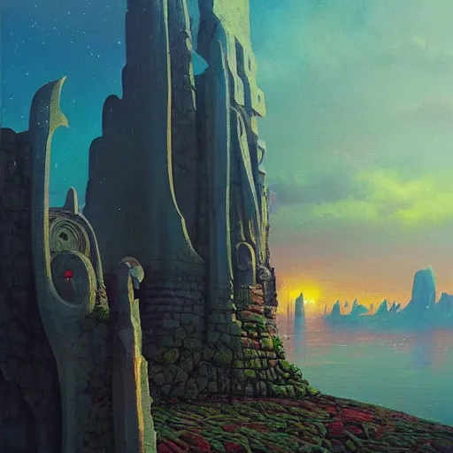 Image similar to a beautiful painting by johfra bosschartau, paul lehr, and beeple, trending on artstation A beautiful painting of colossal ancients viking monolithic marble city by a seacliff, royal br