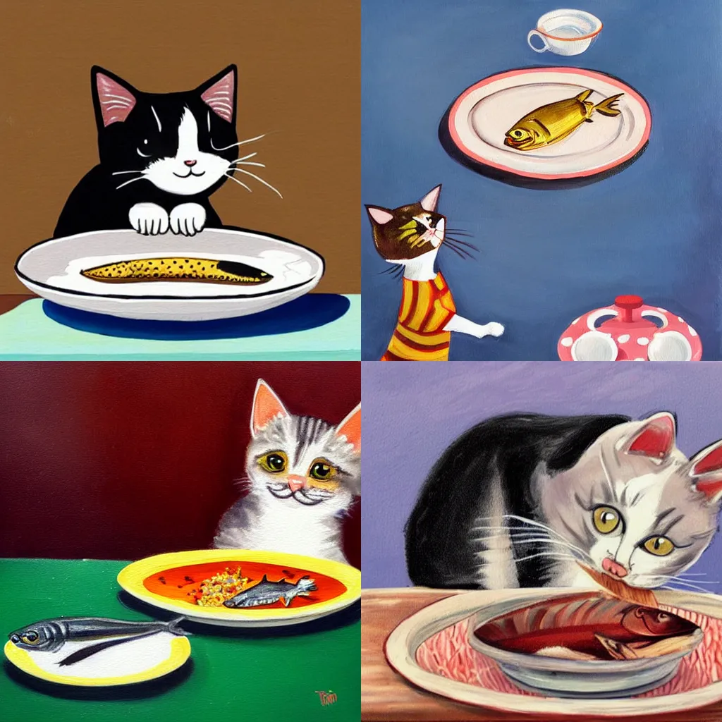 Prompt: a cute painting of a cat grabbing a cooked fish off of a plate on a dinner table