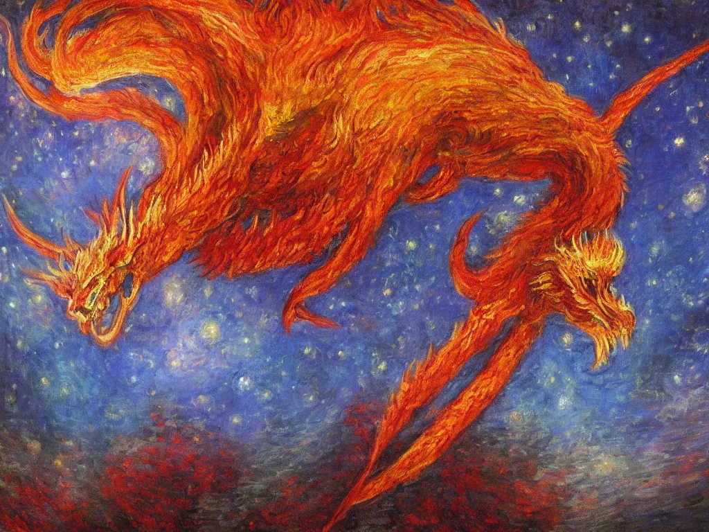 Image similar to A beautiful, highly detailed, very realistic, oil painting of a huge ancient bright red Fire Dragon with red, orange, and yellow, crystal like scales flying through the starry sky near lots of tall mountains in the middle of the night, by Monet. Impressionism, realistic.