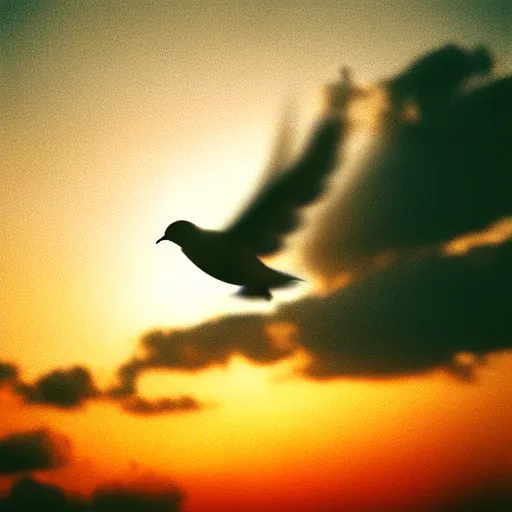 Image similar to Realistic shot of a dove flying over the clouds at sunset, ethereal, vintage photograph, film grain, surreal, awe-inspiring, highly detailed