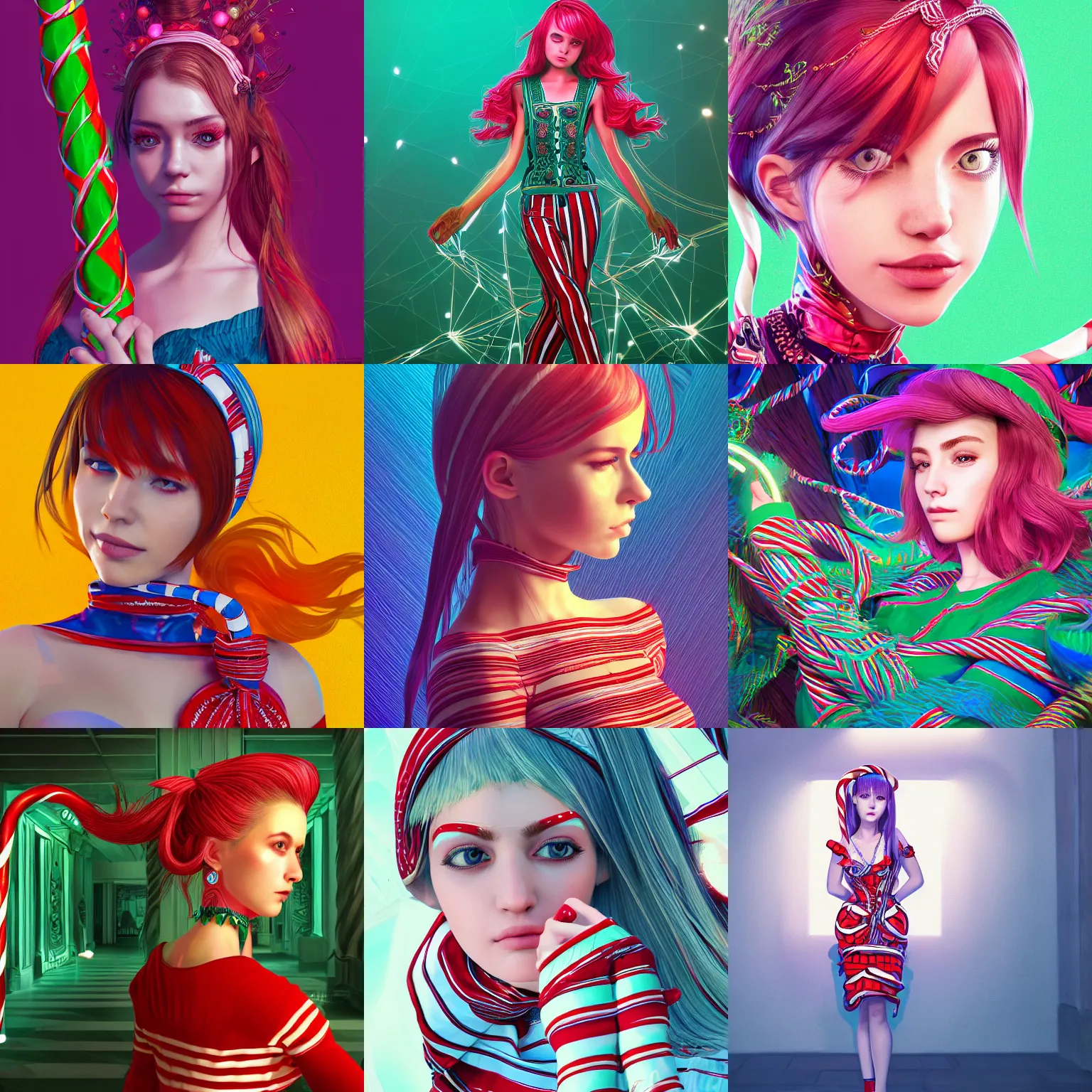 Prompt: the portrait of a cranky and incredibly beautiful and elegant girl named claire who caught covid and dresses like a candy cane, intricate linework, bright colors, final fantasy, behance contest winner, vanitas, angular, altermodern, unreal engine 5 highly rendered, global illumination, radiant light, detailed and intricate environment