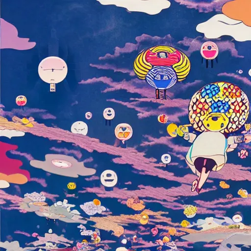 Image similar to a man walking on clouds away from the camera above kyoto by takashi murakami, beeple and james jean, aya takano color style, 4 k, super detailed, modern, 4 k, symmetrical