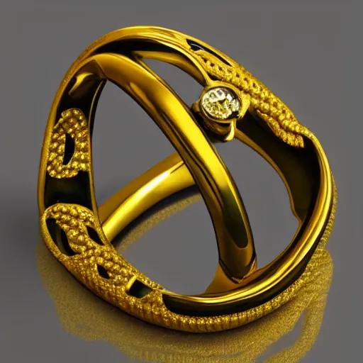 Prompt: mystical gold and diamond thin curly female ring with big letter a and fine purple and green details, ultra detailed, centered, octane render, elegant, caustics