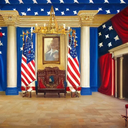 Image similar to oil on canvas drawing of the united states throne room, patriotic, 4th of july, god bless america, empty, dramatic, dazzling