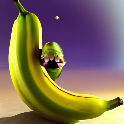 Prompt: a realistic photo of a hungry banana eyes and mouth eating a pickle on Saturn, realistic, 3D render, 8k,