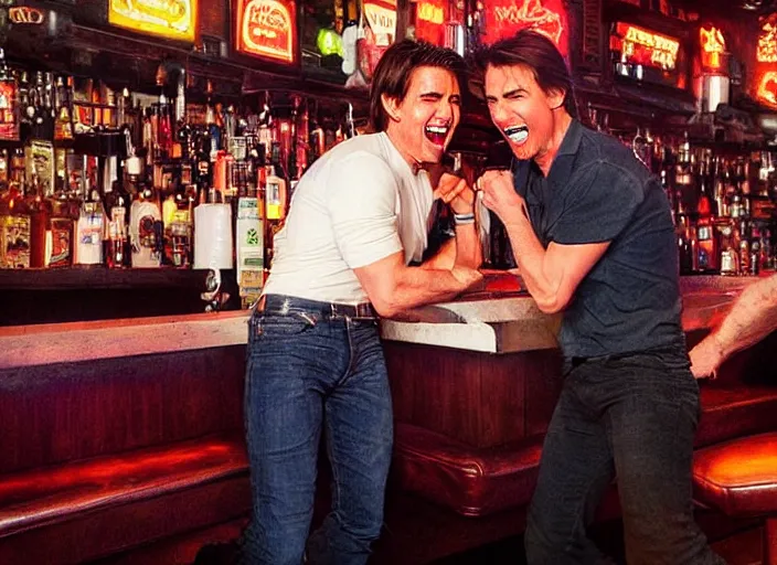 Image similar to hyper realistic tom cruise hanging out with tom cruise at a bar, all overly excited, jaw unhinged with laughter and smiling, all teeth, by greg rutkowski, scott m fischer, artgerm, loish, slight glow, atmospheric, anne stokes, alexandros pyromallis