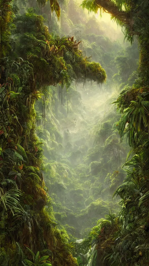 Image similar to Trending on artstation, beautiful jungle, detailed matte painting, oil on canvas