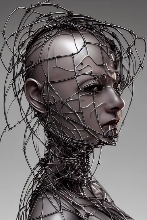 Prompt: organic cyborg head wrapped in barb wire by Hajime Sorayama and Jamie Coreth, trending on artstation, centered, symmetrical, electric hair, bilateral symmetry, 80s poster, polished, thick smoke, retro dark vintage sci-fi, 2D matte illustration