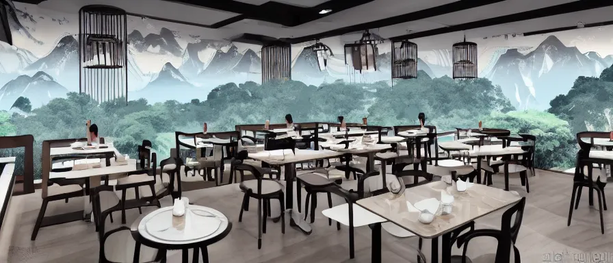 Image similar to a beautiful simple interior 4 k hd wallpaper illustration of small roasted string hotpot restaurant restaurant yan'an pagoda hill, animation illustrative style, from china, restaurant theme wallpaper is tower and mountains pagoda hill, rectangle white porcelain table, black chair, simple style structure decoration design, victo ngai, james jean, 4 k hd
