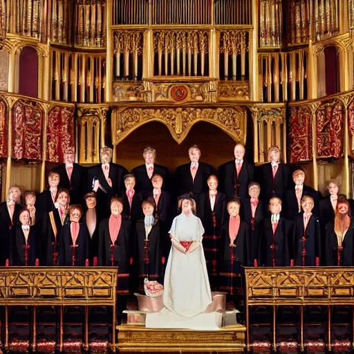 Image similar to A wide full shot, colored Russian and Japanese mix historical fantasy a photograph portrait taken at the royal wedding two choirs, an orchestra and chapel organ, photographic portrait, warm lighting, 1907 photo from the official wedding photographer for the royal wedding.