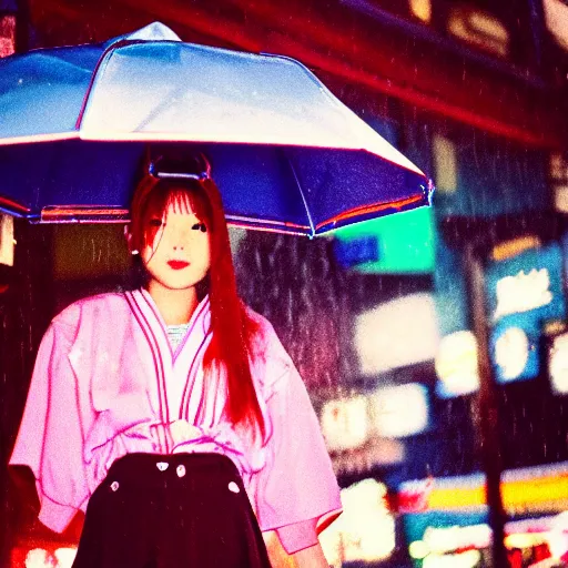 Image similar to 1990s perfect 8K HD professional cinematic photo of close-up japanese schoolgirl posing in alleyway with neon signs, at evening during rain, at instagram, Behance, Adobe Lightroom, with instagram filters, depth of field, taken with polaroid kodak portra