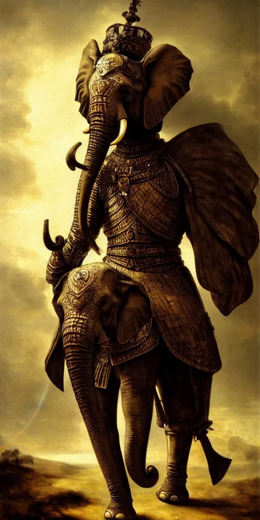 Prompt: elephant barbarian knight with armor, strong sun backlight sunrays body , extreme very textured detailed portrait oil painting by rembrandt, dramatic clouds and atmosphere