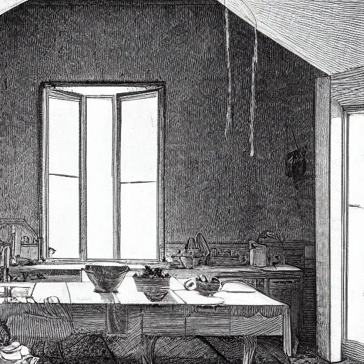 Prompt: kitchen of an abandonded house, illustration by Gustav Doré, Chiaroscuro, dramatic light