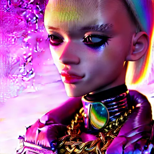 Prompt: hyperdetailed close portrait of a stunningly beautiful pink cyberpunk cute european girl made of metals and shiny iridescent gems, dark rainbow nimbus, gold necklace, puffer jacket, inspired by ross tran and masamune shirow and kuvshinov, intricate, photorealistic, octane render, rtx, hdr, unreal engine, dnd digital art by artgerm