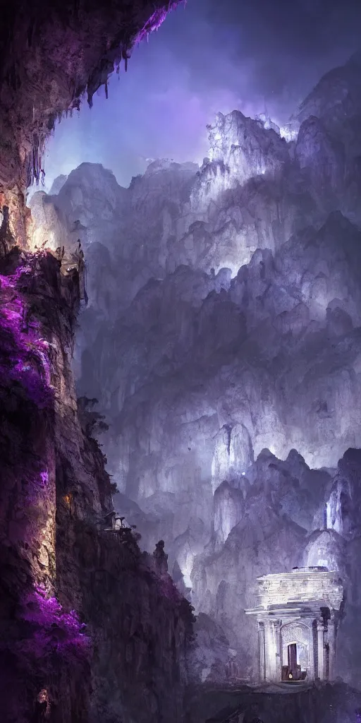 Prompt: Gorge in the mountain, white stone temple ruins, night dramatic lighting, blue and purple tones, wide camera angle, matte painting, trending on ArtStation, concept art, delightful surroundings, high detail, sharp contrast, picturesque