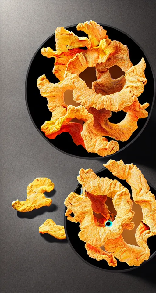 Image similar to Professional arrangement of pork rinds in a bowl on a table, surrounded by snack bags, hyper realistic, ultra detailed, cinematic, dynamic lighting, photorealistic, refined, intricate, digital art, digital painting, masterpiece, 8k