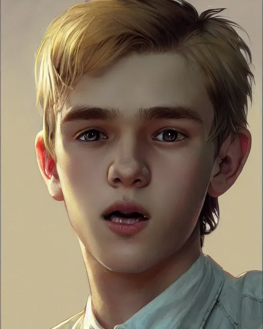 Image similar to 1 5 - year - old boy with blonde hair, round - face, and slightly buck - toothed, highly detailed, digital painting, artstation, concept art, smooth, sharp focus, illustration, art by artgerm and greg rutkowski and alphonse mucha