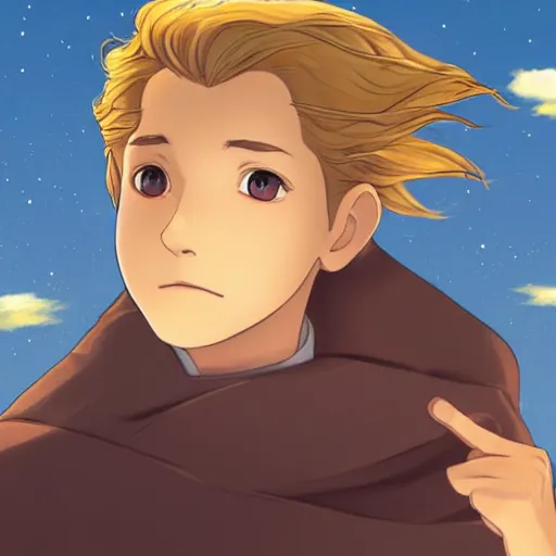 Prompt: blonde boy with glowing golden eyes wearing a brown cape and flying in t pose, in the style of studio ghibli, artgerm