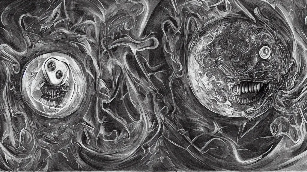 Image similar to a beautiful dreamy painting of a coronavirus inside a high-resolution television screen, laughing alien face, dark, sinister, detailed, art by M.C. Escher