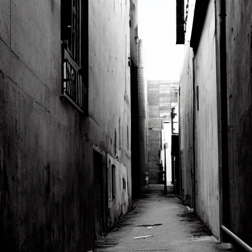 Prompt: impending doom in an alleyway, dread, postmodern, tension, gloomy