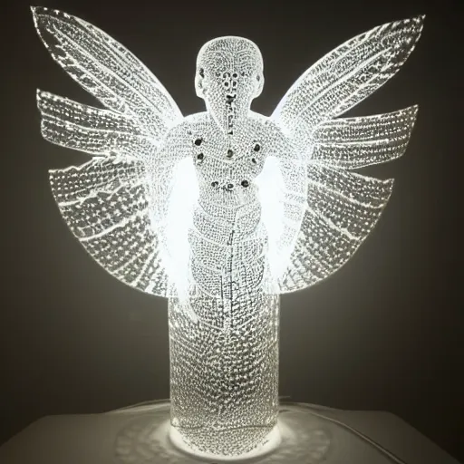 Image similar to a sculpture of thousand eyed angel made of clear crystal casting caustics on a white table morning light