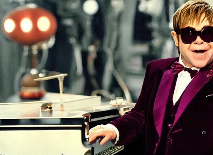 Image similar to a film still of elton john as the new doctor in doctor who