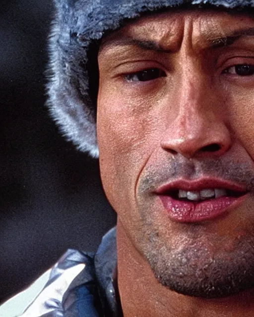 Image similar to Film still close-up shot of Dwayne Johnson as Rocky Balboa from the movie Rocky. Photographic, photography